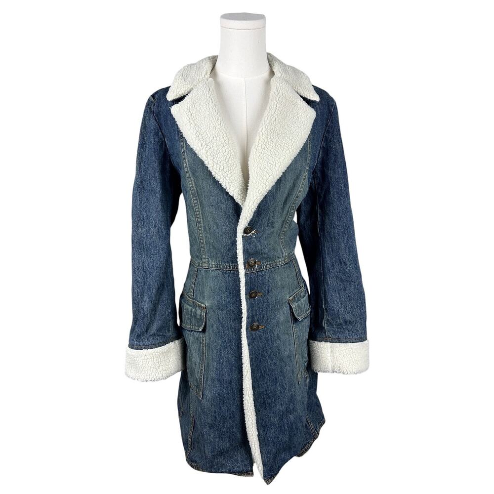 OTB One Tuff Babe Blue Denim Faux Sherpa Lined Y2K Knee Length Trench Coat  M